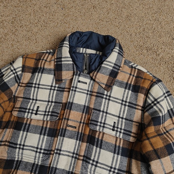 Abercrombie Jacket Mens Medium Brown Plaid Full Zip Outdoors Wool Puffer Coat - Picture 7 of 15